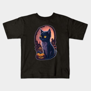 Meowloween Black Cat & Pumpkin - Happy Halloween! Kids T-Shirt